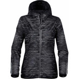 A lightweight women's rain jacket in black with a textured pattern and a hood, featuring a logo. A lightweight women's rain jacket in black with a textured pattern and a hood, featuring a logo.