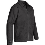 A black men's work jacket featuring a zip front, side pockets, and snap cuffs, designed for durability. A black men's work jacket featuring a zip front, side pockets, and snap cuffs, designed for durability.