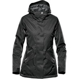A women's thermal jacket in black with a hood and pockets, featuring a sleek, waterproof exterior. A women's thermal jacket in black with a hood and pockets, featuring a sleek, waterproof exterior.