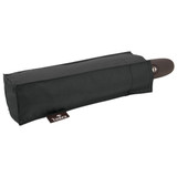 A compact black umbrella with a handle, stored in a rectangular case with a logo. A compact black umbrella with a handle, stored in a rectangular case with a logo.