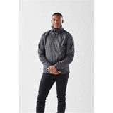 A man wearing a dark grey Men's Catskill Anorak, featuring a high collar and a front zip pocket. A man wearing a dark grey Men's Catskill Anorak, featuring a high collar and a front zip pocket.