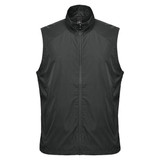 A dark green men's vest with a high collar and zipper, designed as workwear. It features a subtle logo.