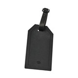 A black luggage tag with a textured surface and a sturdy strap. It features a logo on one side. A black luggage tag with a textured surface and a sturdy strap. It features a logo on one side.