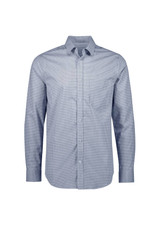 A men's long sleeve button-up shirt in a classic check pattern, featuring shades of blue and white. The shirt has a logo.
