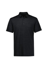A black short sleeve polo shirt with a textured pattern, featuring a collar and three buttons. It has a logo.