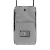 A grey eco essentials bag featuring a front pocket and a logo, designed for carrying small items. A grey eco essentials bag featuring a front pocket and a logo, designed for carrying small items.
