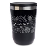 A reusable coffee cup in black with a metallic silver lid and decorative food illustrations. A reusable coffee cup in black with a metallic silver lid and decorative food illustrations.