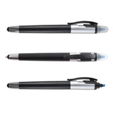 A collection of three black and silver pens, each with a stylus tip and a highlighter at one end.