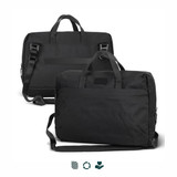 A black laptop bag with handles and a detachable shoulder strap, featuring a subtle branding logo. A black laptop bag with handles and a detachable shoulder strap, featuring a subtle branding logo.