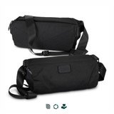 A black sling bag made from recycled materials, featuring an adjustable strap and a logo on the side. A black sling bag made from recycled materials, featuring an adjustable strap and a logo on the side.
