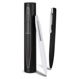 A metal pen set featuring a black pen, a white pen, and a sleek black storage tube. Each pen has a silver accent. A metal pen set featuring a black pen, a white pen, and a sleek black storage tube. Each pen has a silver accent.