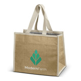 A jute cooler bag in natural beige with sturdy handles and a logo on one side. The interior is insulated. A jute cooler bag in natural beige with sturdy handles and a logo on one side. The interior is insulated.