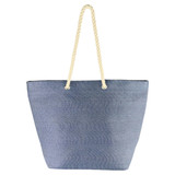 A blue Kraft paper bag with cream rope handles and a simple design, featuring a logo.