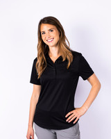 A black ladies polo shirt features a collar and a fitted design, suitable for casual or semi-formal wear. A black ladies polo shirt features a collar and a fitted design, suitable for casual or semi-formal wear.