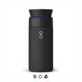 A drink bottle in sleek black with a rounded top, featuring a logo and a blue accent.