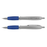 A classic plastic pen in silver and blue, featuring a comfortable grip and a simple design. It has a branding logo. A classic plastic pen in silver and blue, featuring a comfortable grip and a simple design. It has a branding logo.