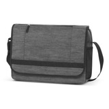 A grey messenger bag with a zip closure, adjustable strap, and front pocket. Features a branded logo. A grey messenger bag with a zip closure, adjustable strap, and front pocket. Features a branded logo.