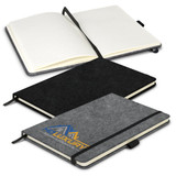 A grey and black RPET felt hard cover notebook with lined pages, featuring an elastic band and a logo. A grey and black RPET felt hard cover notebook with lined pages, featuring an elastic band and a logo.