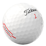 A white golf ball with dimples, featuring red markings and a logo on the surface. A white golf ball with dimples, featuring red markings and a logo on the surface.
