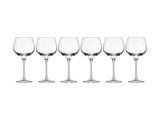 A set of six clear glass wine glasses with elegant, tall stems.