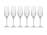 A set of six clear glass champagne flutes with elegant, tall stems. A set of six clear glass champagne flutes with elegant, tall stems.