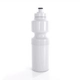 A drink bottle in recycled white plastic, featuring a black nozzle and a textured grip.