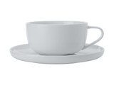 A white high rim cup with a handle, accompanied by a matching saucer, both crafted from smooth ceramic. A white high rim cup with a handle, accompanied by a matching saucer, both crafted from smooth ceramic.