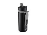 A drink bottle with a double wall design, featuring a black body, grey lid, and a handle. It has a logo. A drink bottle with a double wall design, featuring a black body, grey lid, and a handle. It has a logo.