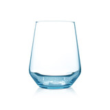 A glass tumbler in a translucent light blue colour, featuring a modern, rounded design and a flat base.