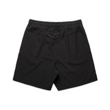 A pair of black sports shorts featuring an elastic waistband and a back pocket, with a logo on the fabric.