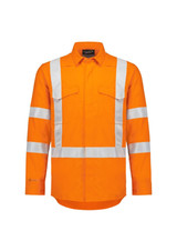 A long-sleeved work shirt in bright orange with reflective tape across the chest and arms, featuring two front pockets and a logo.