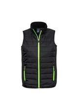 A black vest with a zip front and bright green accents, featuring two side pockets and a collar.