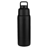A drink bottle in matte black, featuring a handle and a sleek, modern design. It includes a logo.