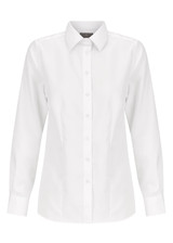 A white button-up women's shirt with long sleeves and a collar, featuring a logo.