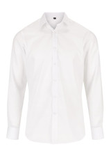 A white slim-fit button-up shirt with long sleeves and a collar, featuring a logo on the chest. A white slim-fit button-up shirt with long sleeves and a collar, featuring a logo on the chest.