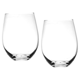 A set of two clear glass wine glasses, each with a rounded shape and a sturdy base. They feature a logo. A set of two clear glass wine glasses, each with a rounded shape and a sturdy base. They feature a logo.