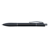 A sleek metal pen with a black finish and textured grip, designed for comfortable writing.