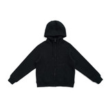 A black cotton zippered hoodie featuring a kangaroo pocket and a hood, with a logo on it.