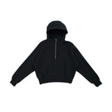 A black women's cotton half-zip jumper with a hood and long sleeves. It features a logo on the front.