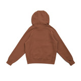 A brown women's junior cotton hoodie with a kangaroo pocket and a hood, featuring a logo.
