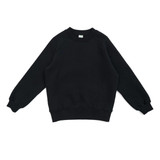 A black kids' cotton sweatshirt with a classic crew neck and ribbed cuffs. Features a logo on the label.