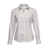 A women's button-up shirt in a check pattern with long sleeves and a light colour scheme. It has a logo tag.