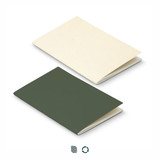 A soft cover notebook featuring a cream and dark green recycled paper design, with a logo visible on the surface. A soft cover notebook featuring a cream and dark green recycled paper design, with a logo visible on the surface.