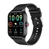 A black smart watch with a rectangular screen displaying various health metrics and icons. It has a band with holes for adjustment. A black smart watch with a rectangular screen displaying various health metrics and icons. It has a band with holes for adjustment.