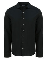 Men's long-sleeve black button-up shirt with a collar and a branded logo on the chest.