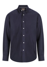 A navy button-up shirt with a collar and full sleeves, featuring a logo on the chest.