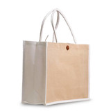 A natural jute bag with beige and white fabric, featuring sturdy handles and a button closure. A natural jute bag with beige and white fabric, featuring sturdy handles and a button closure.