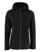 A black softshell jacket with a hood and front zip, featuring a logo. A black softshell jacket with a hood and front zip, featuring a logo.