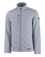 A light grey men's softshell jacket featuring a zip front and a zippered chest pocket. It has a logo on the sleeve. A light grey men's softshell jacket featuring a zip front and a zippered chest pocket. It has a logo on the sleeve.