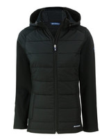 A black soft shell jacket featuring a zip-up front, hood, and a quilted body design. It has a logo on one sleeve. A black soft shell jacket featuring a zip-up front, hood, and a quilted body design. It has a logo on one sleeve.